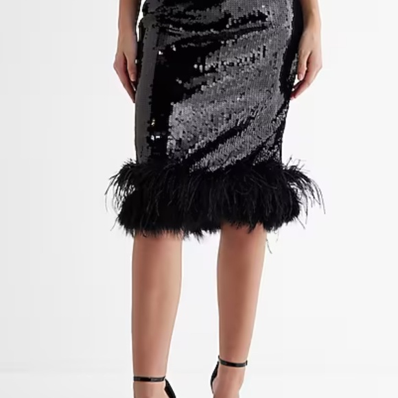 Black Sequin Feather Trim PullOn Stretch Midi Skirt Christmas NYE XS Fits 4/6 - Picture 2 of 7